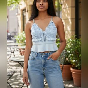 Bardot Embroidered Eyelet Lace Ruffle Peplum Cami Tank Top in Sky Blue Size 6/S
